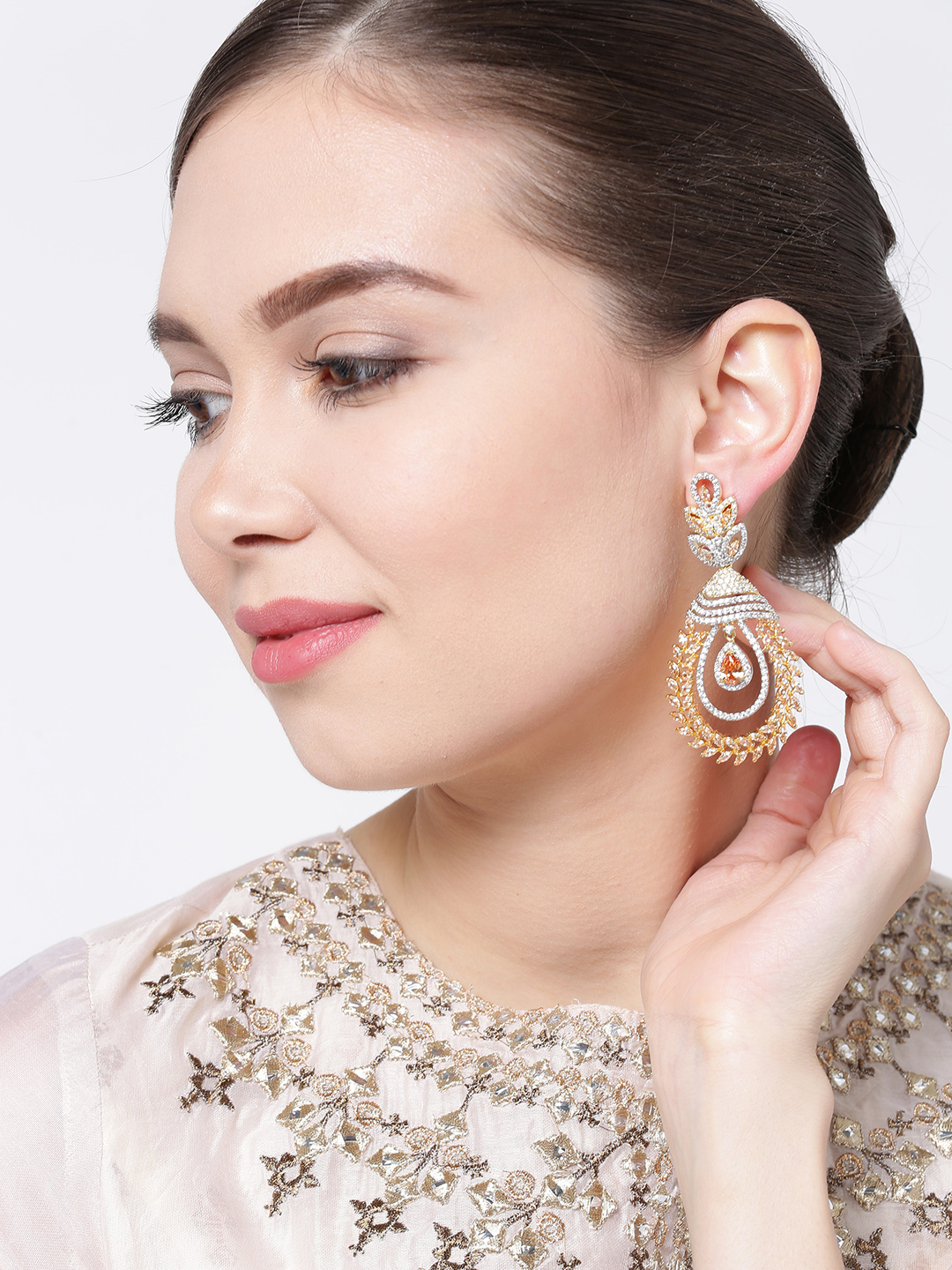 YouBella Gold-Plated Teardrop-Shaped Stone-Studded Drop Earrings